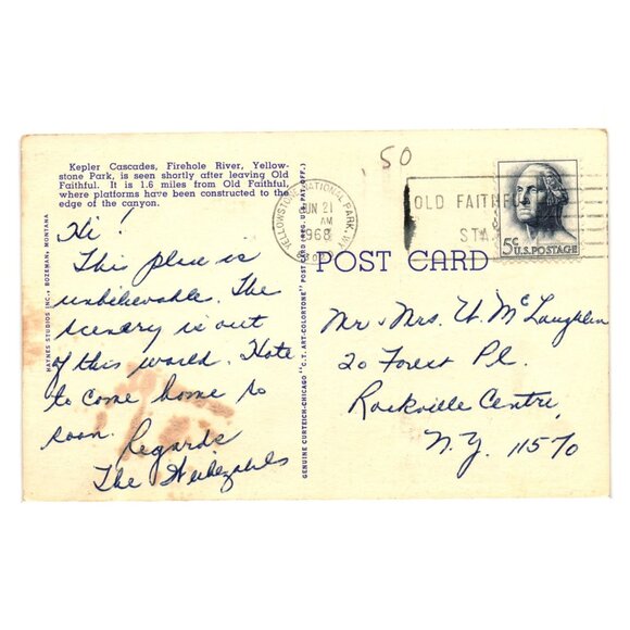 Kepler Cascade Yellowstone National Park Vintage Postcard 1968 Scenic Waterfall - Picture 2 of 2